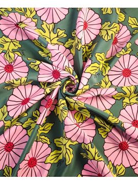 Крепдешин плательный зеленый с розовыми цветами Gucci
