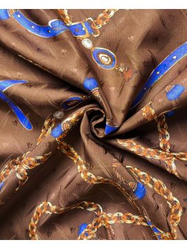 Шелковый твил коричневый с синими ремнями и цепями GUCCI